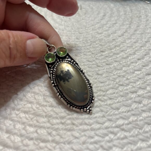 Unique APACHE PYRITE & PERIDOT Handmade Sterling 925 Pendant/Chain #446D - Picture 2 of 3